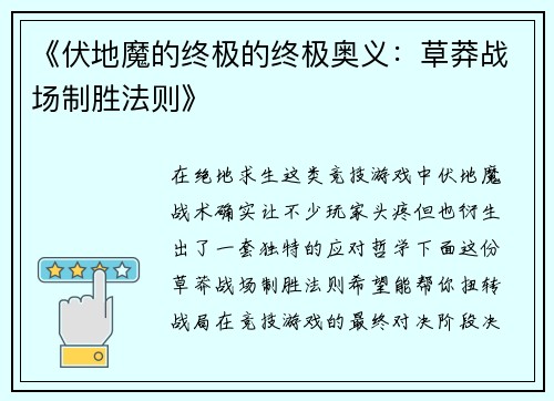 《伏地魔的终极的终极奥义：草莽战场制胜法则》